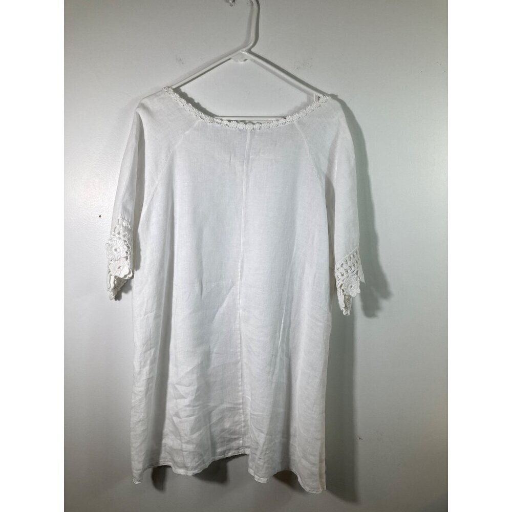 Womens White Linen Lace 3/4 Sleeve Boho Tunic Top‎ Made it Italy 16 - Picture 2 of 9